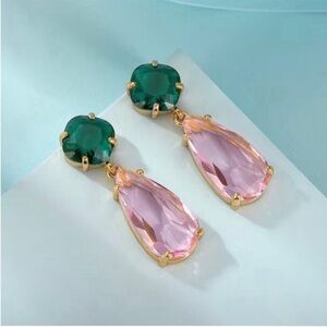 Women’s Pink & Green Faux Gemstone Dangle Studs Earrings Dainty Boho Teardrop